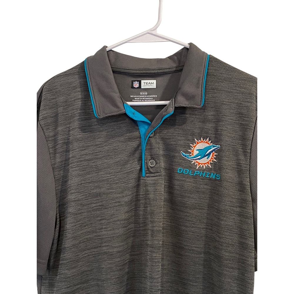 NFL Team Apparel Miami Dolphins Mens Medium Polo Shirt Grey Aqua Blue Mesh